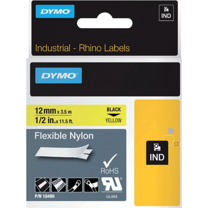 Labeltape Dymo Rhino industrieel nylon 12mm zwart op geel
