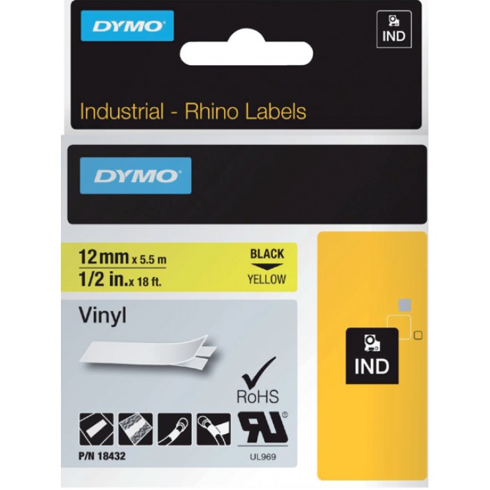 Labeltape Dymo Rhino industrieel vinyl 12mm zwart op geel
