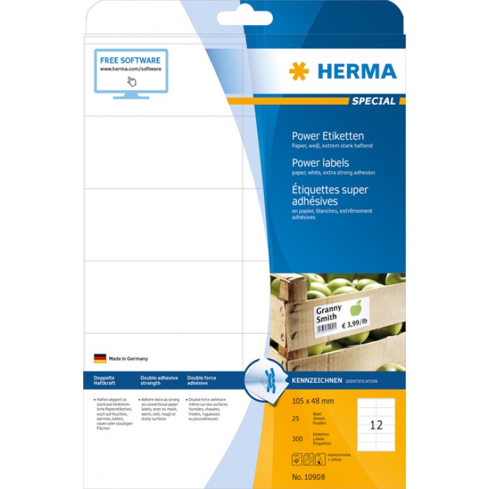 Etiket HERMA Power 10908 105x48mm wit 300stuks