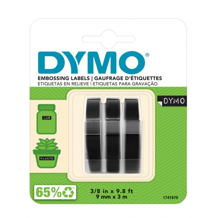 Reliëftape Dymo embossing plastic 9mm zwart op wit