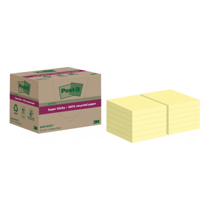 Memoblok  Post-it Super Sticky 654 RSS12CY recycled 76x76mm canary yellow
