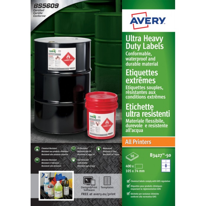 Etiket Avery B3427-50 105x74mm polyethyleen wit 400stuks