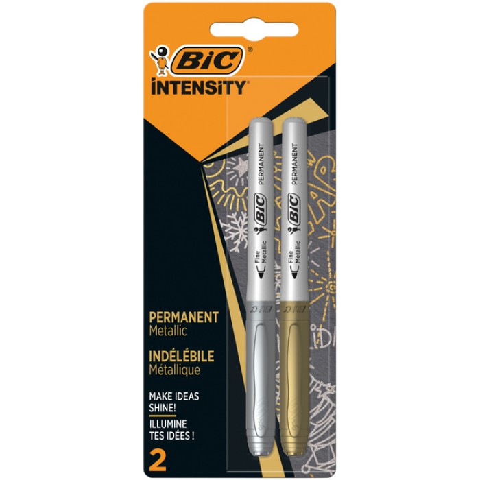 Viltstift Bic Intensity rond permanent fine metallic zilver en goud blister à 2 stuks