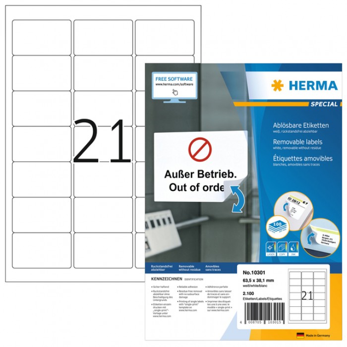 Etiket HERMA 10301 63.5x38.1mm verwijderbaar wit 2100 etiketten