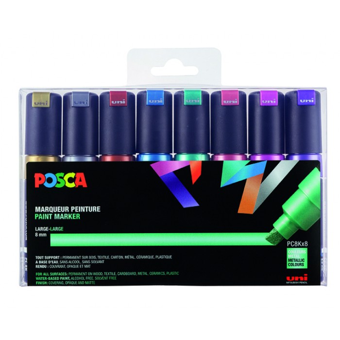 Verfstift Posca PC8K breed schuin metallic assorti set à 8 stuks