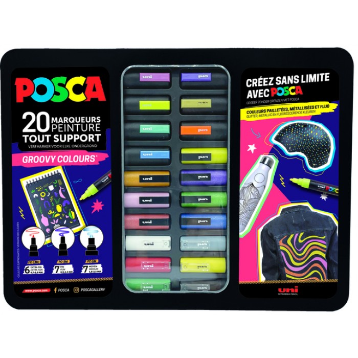 Verfstift Posca Groovy Colours assorti metalen koffer à 20 stuks