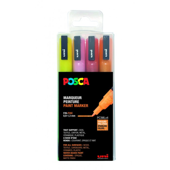 Verfstift Posca PC3M fijn glitter warm assorti set à 4 stuks