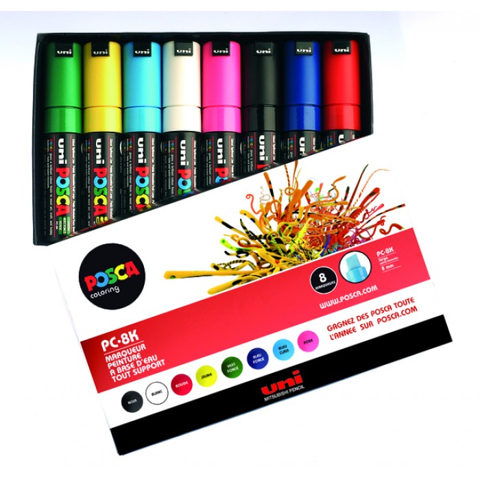 Verfstift Posca PC8K breed schuin assorti set à 8 stuks