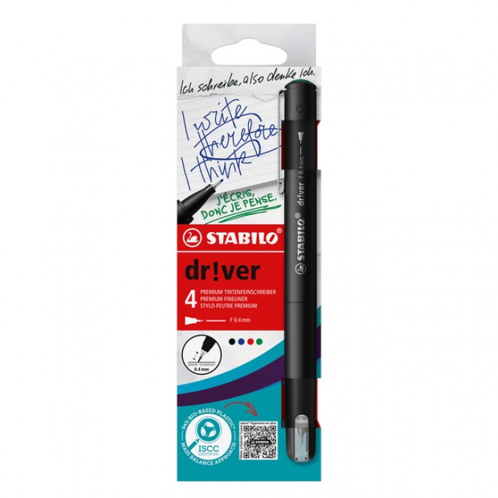 Fineliner STABILO dr!ver fijn assorti 4 stuks