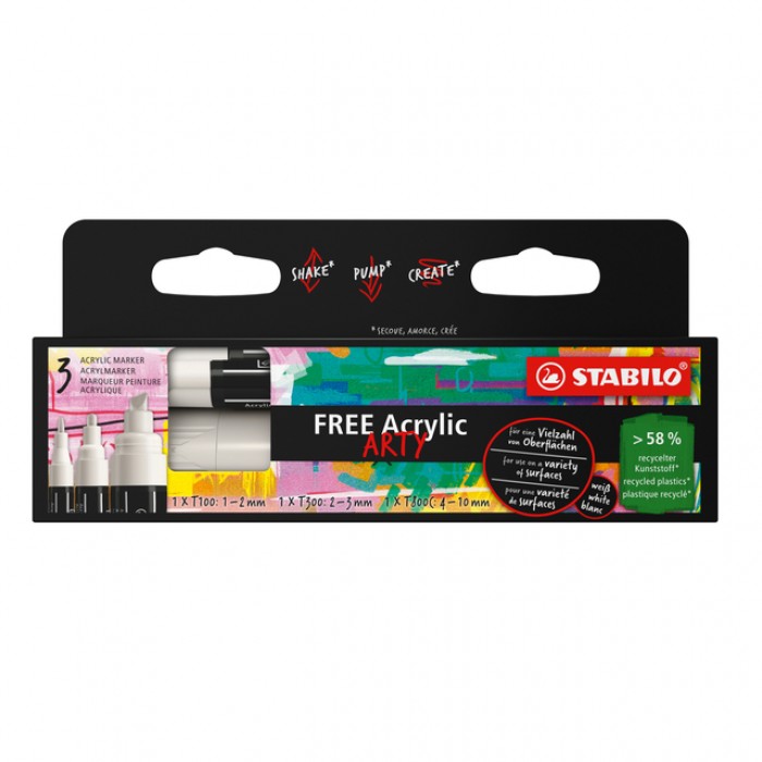 Acrylmarker STABILO  Free Acrylic Mixed Tip set à 3 breedtes wit