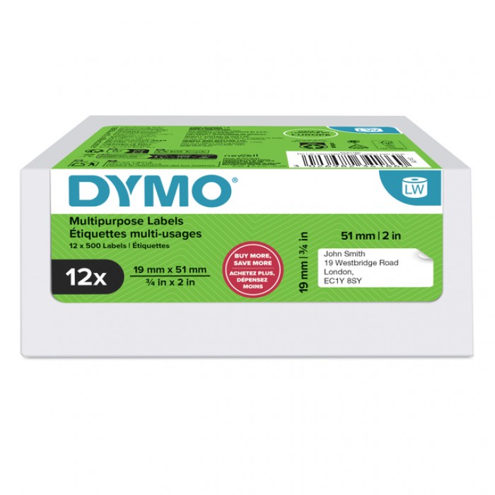Etiket Dymo LabelWriter multifunctioneel 19x51mm 12 rollen &aacute; 500 stuks wit