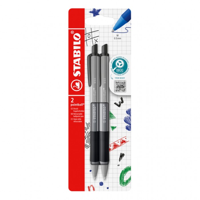 Balpen STABILO pointball colorful medium zwart blister à 2 stuks