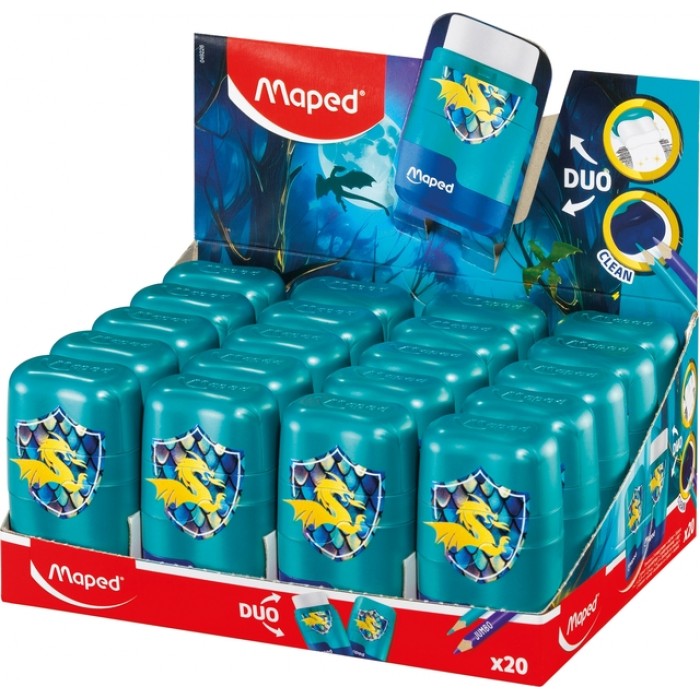 Puntenslijper Maped Connect Dragon 2-gaats met gum display a 20 stuks blauw