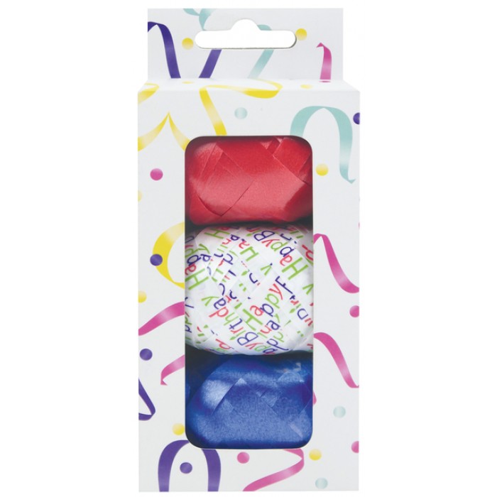 Krullint set &agrave; 3 kleuren rood, blauw en wit met happy birthday