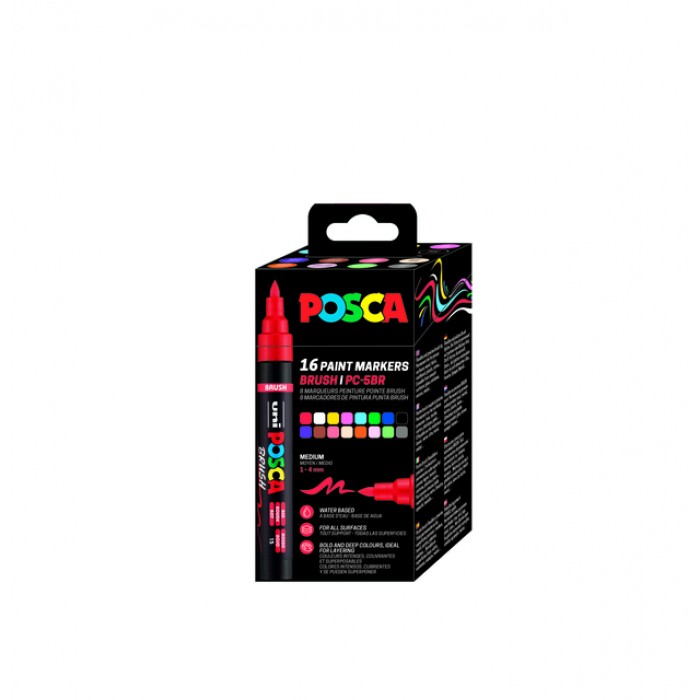 Paintmarker Uni POSCA PC-5BR brushpunt medium set &agrave; 16 kleuren