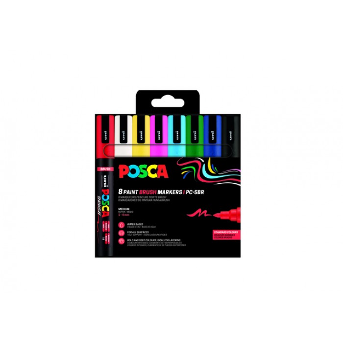 Paintmarker Uni POSCA PC-5BR brushpunt medium set &agrave; 8 kleuren