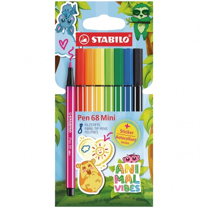 Viltstift STABILO Pen 68 Animal Vibes mini medium assorti blister &agrave; 8 stuks