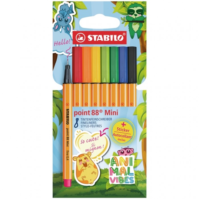 Fineliner STABILO point 88 Animal Vibes mini fijn assorti blister &agrave; 8 stuks