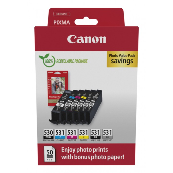 Inktcartridge Canon PGI-530 CLI-531 2 x zwart + 4 kleuren