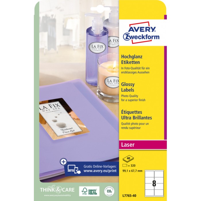 Etiket Avery L7765-40 99.1x 67.7mm hoogglans wit 320 stuks