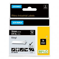 Labeltape Dymo Rhino industrieel vinyl 19mm wit op zwart