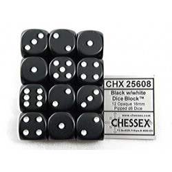 Dobbelsteen Chessex Black/white D6 16mm set &agrave; 12 stuks