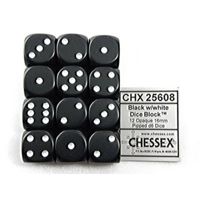 Dobbelsteen Chessex Black/white D6 16mm set &agrave; 12 stuks
