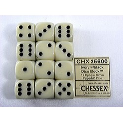 Dobbelsteen Chessex Ivory/black D6 16mm set &agrave; 12 stuks