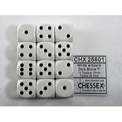 Dobbelsteen Chessex White/black D6 16mm set &agrave; 12 stuks