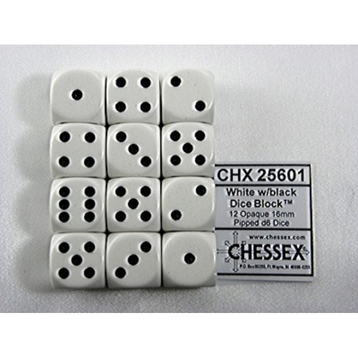 Dobbelsteen Chessex White/black D6 16mm set &agrave; 12 stuks