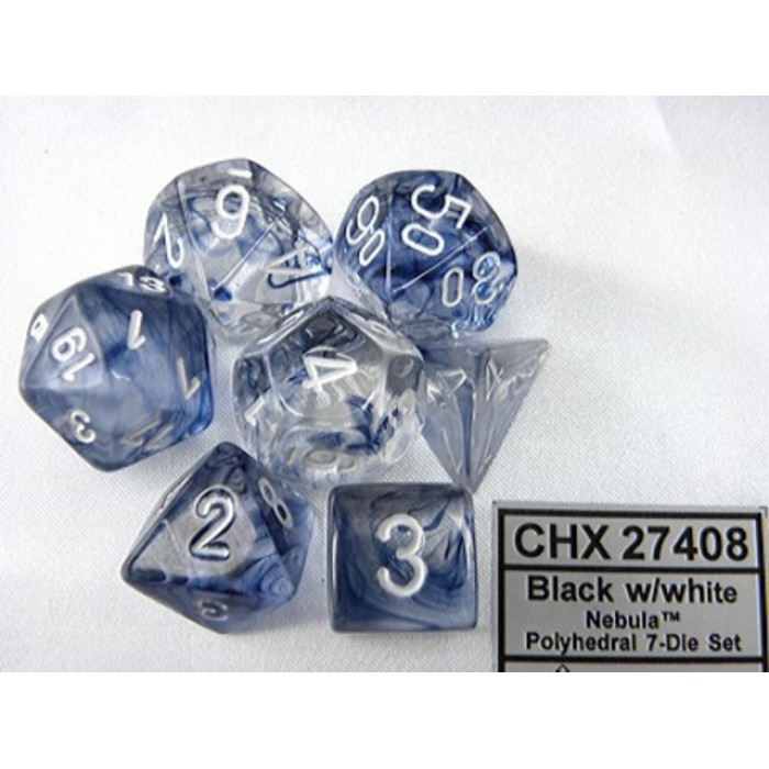 Dobbelsteen Chessex  Polydice Nebula Black/white set &agrave; 7 stuks