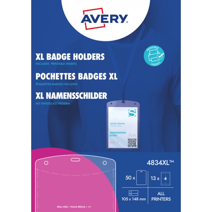 Badge Avery 4834XL A6 hoes + bedrukbare insteekkaarten 50 stuks