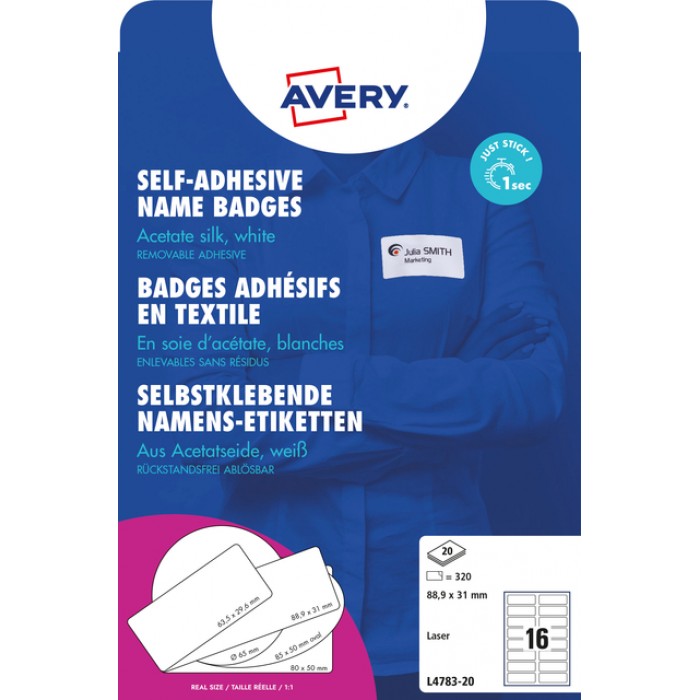 Naambadge etiket Avery L4783-20 88.9x31mm zelfklevend 320 stuks