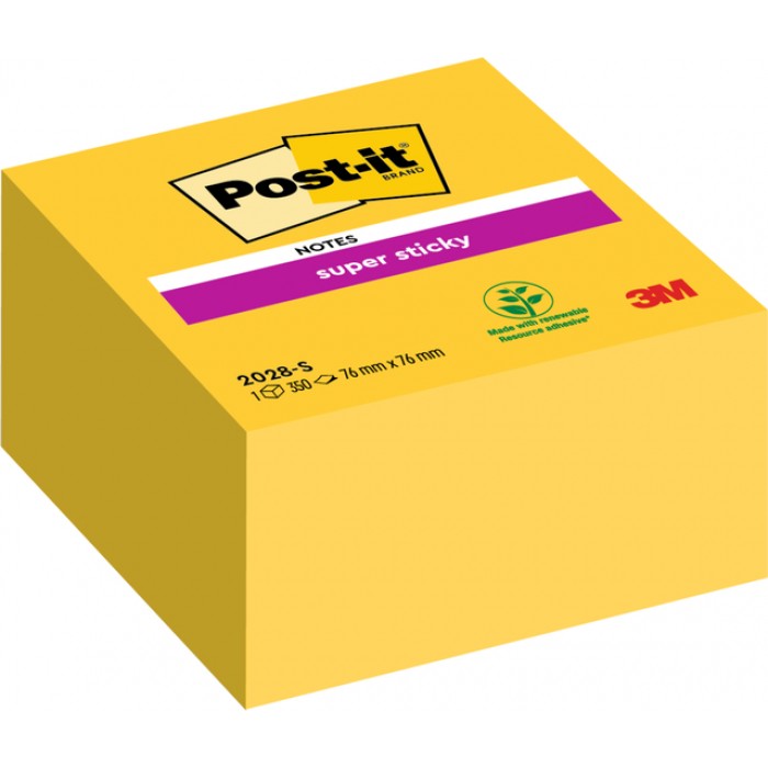 Memoblok Post-it 2028 Super Sticky 76x76mm kubus geel