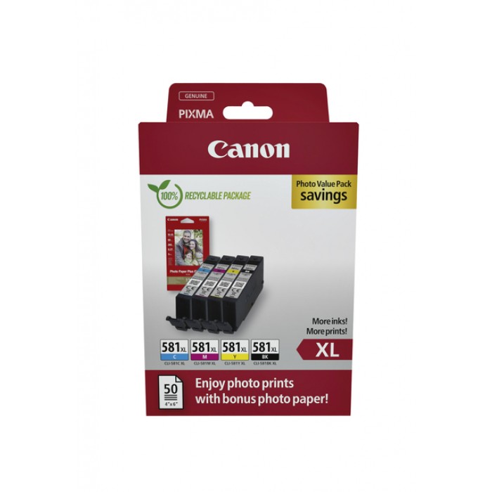 Inktcartridge Canon CLI-581XL 4 kleuren +50 vel fotopapier 10x15cm