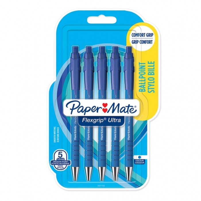 Balpen Paper Mate Flexgrip Ultra medium blauw blister &agrave; 5 stuks