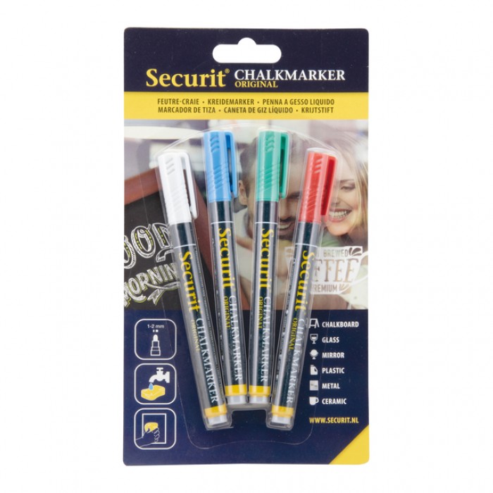 Krijtstift Securit SMA-100 rond 1-2mm wit/blauw/groen/rood blister &agrave; 4 stuks