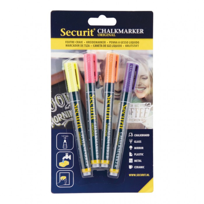 Krijtstift Securit SMA-100 rond 1-2mm geel/oranje/roze/paars blister &agrave; 4 stuks