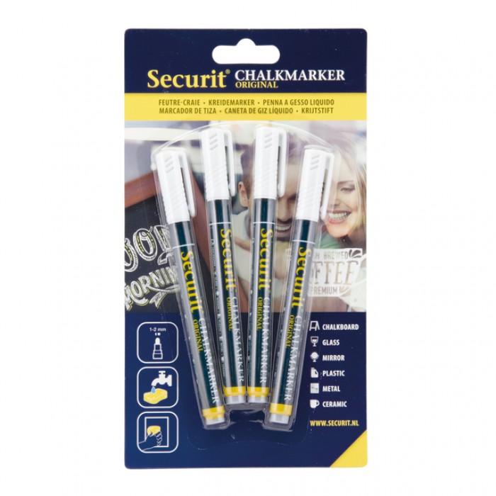 Krijtstift Securit SMA-100 rond wit 1-2mm blister &agrave; 4 stuks