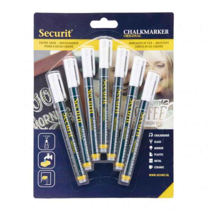 Krijtstift Securit SMA-100 rond wit 1-2mm blister &agrave; 7 stuks