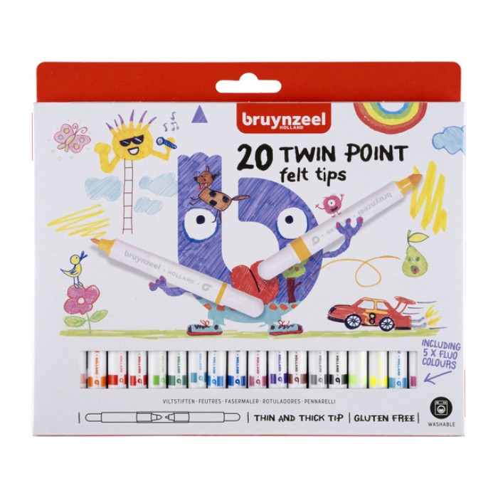 Viltstift Bruynzeel Kids Twin Point set à 20 kleuren