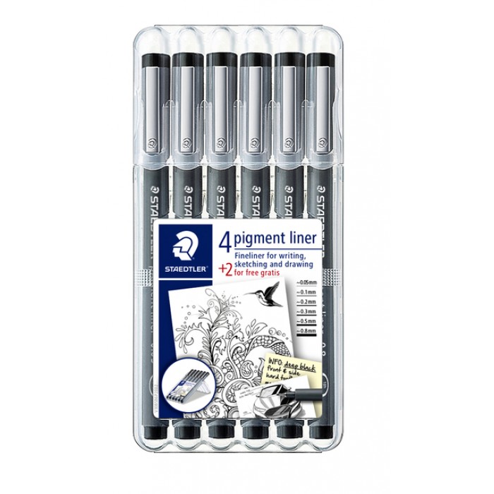 Fineliner Staedtler Pigment 308 zwart set 4+2 gratis