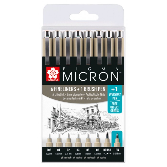 Fineliner & brush set Sakura Pigma Micron 7 + 1 Pigma Micron PN gratis