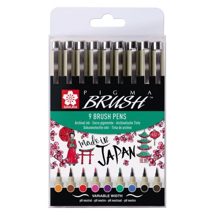 Viltift met brushpen Bruynzeel Sakura Pigma etui à 9 kleuren