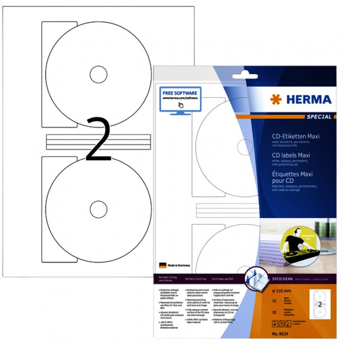 Etiket HERMA 8624 CD 116mm wit opaqua 20stuks