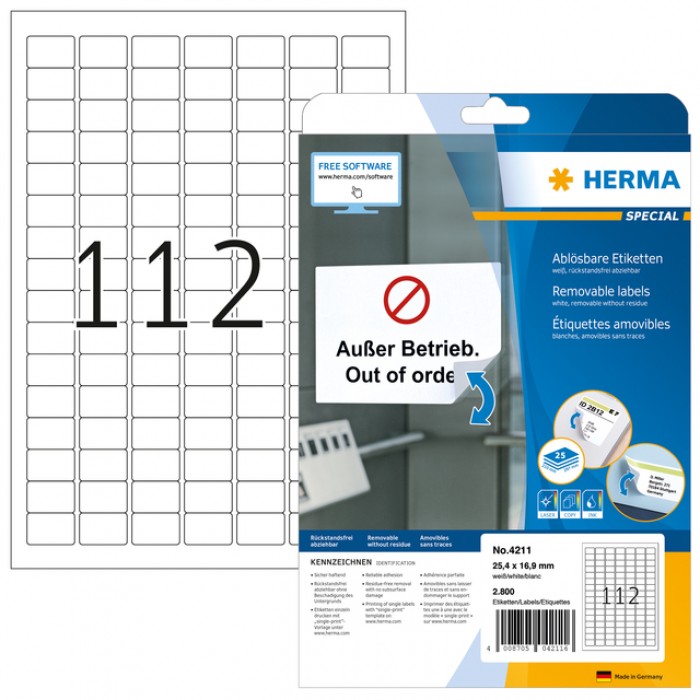 Etiket HERMA 4211 25.4x16.9mm verwijderbaar wit 2800stuks