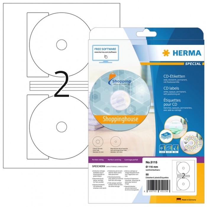 Etiket HERMA 5115 CD 116mm wit 50 stuks