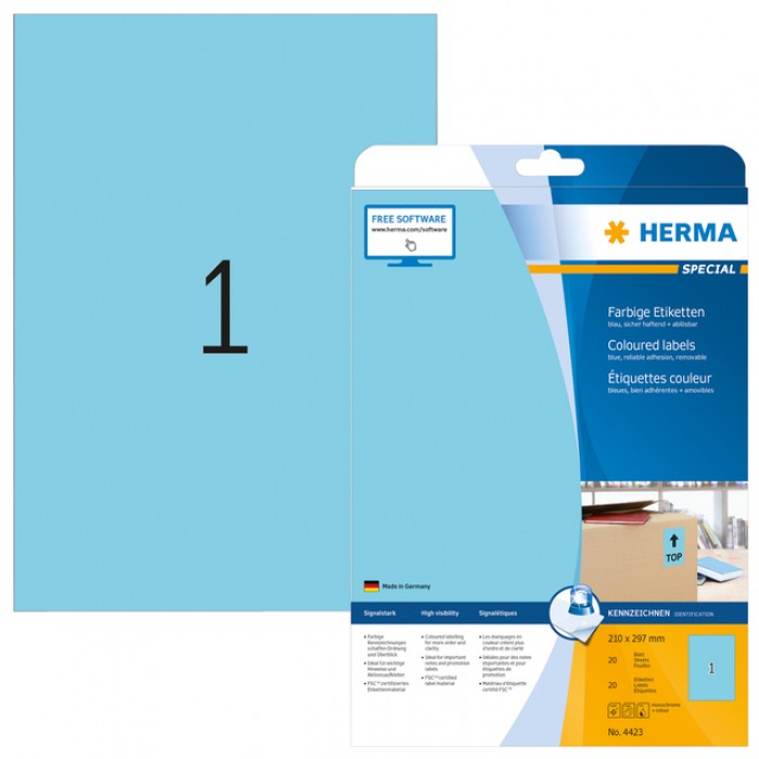 Etiket HERMA 4423 210x297mm A4 verwijderbaar blauw 20stuks
