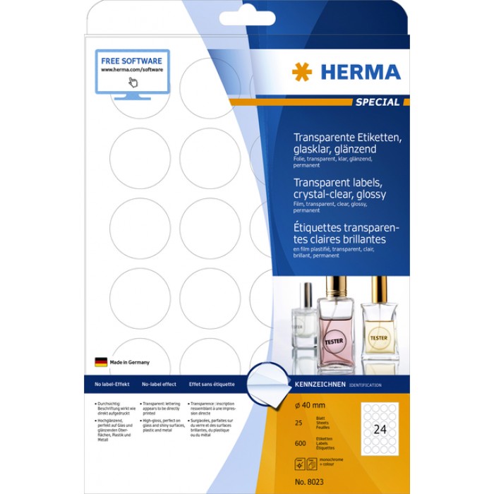 Etiket HERMA 8023 40mm rond transparant 600 stuks