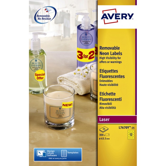Etiket Avery L7670-25 63.5mm rond neon geel 300stuks